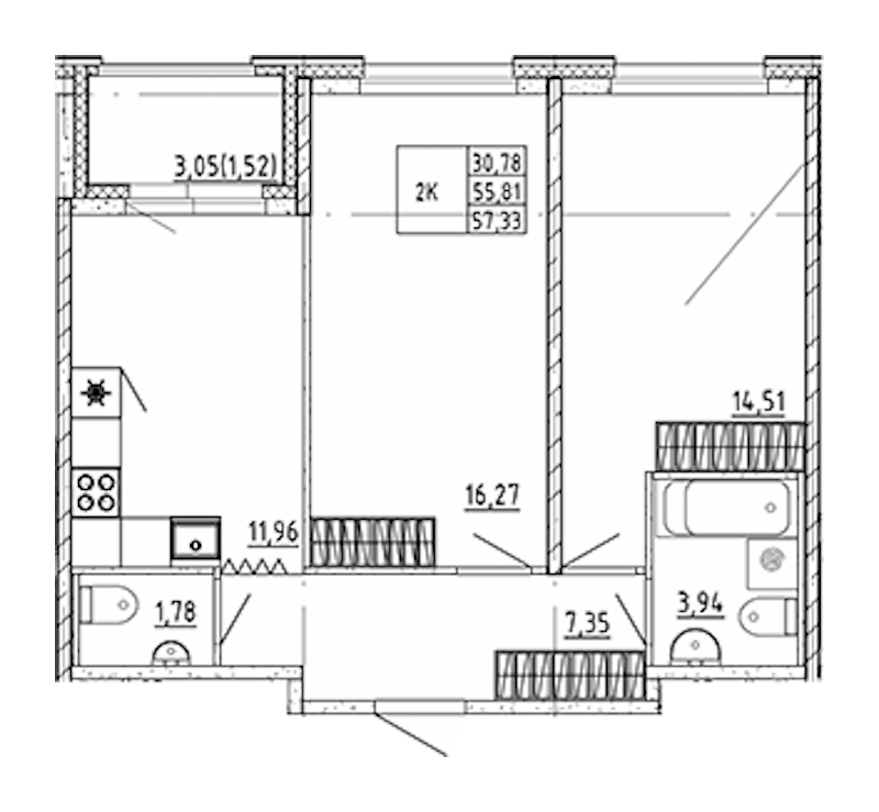 2-комнатная квартира 57.33 м², 7/12 эт., ЖК «UP! Квартал Воронцовский»